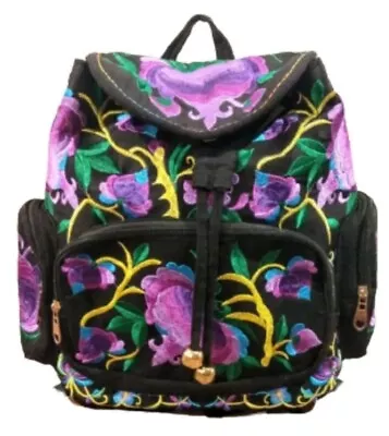 Women's Embroidered Backpack Vibrant Purple Flowers And Bunnies Unique 12   • $22.99
