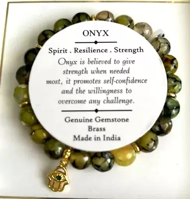 SHIVAM Green Onyx/Dragon Vein Agate Gold Hamsa Hand Charm Bead STRETCH BRACELET • $22