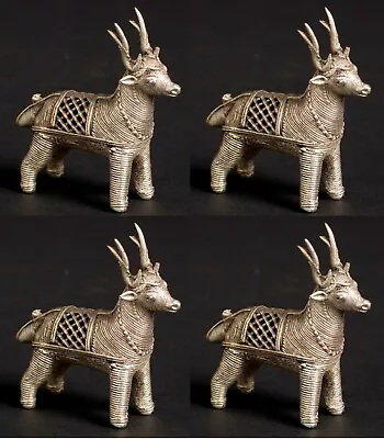 Small Ethnic Folk Art Deer Figurine Metal Silver Finish Set/4  3.5 Wide 3 Tall • $11.96