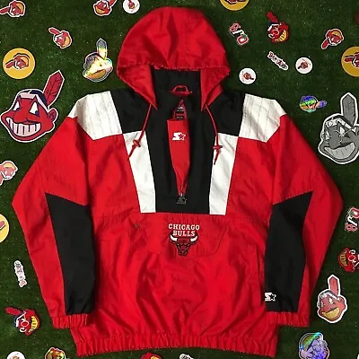Vintage 90’s CHICAGO BULLS NBA Starter Hooded Half Zip Pull Over Jacket Red XL • $299
