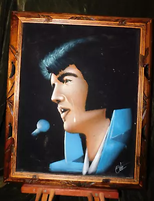 Vintage Crying Elvis Presley Black Velvet Painting 23 X19  Wood Frame Ortiz • $248.95