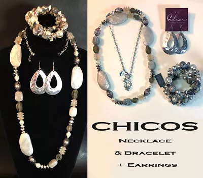 CHICOS Silver Chunky Bead Necklace Wrap Bead Bracelet Set +Hammered Earring 6899 • $14.49