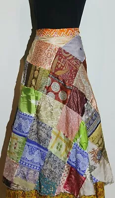 Long Vintage Silk Sari Hippie Boho Reversible Magic Wrap Skirt Patchwork • $35