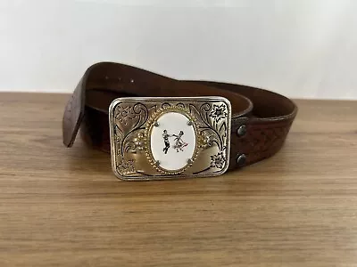 Vintage Tooled Leather Belt With Buckle Line Square Dancing Couple • $24.99