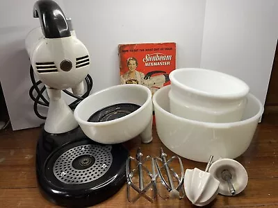 Vintage White Sunbeam Mixmaster Stand Mixer 10 Speed Beaters Milk Glass Bowl • $79.99