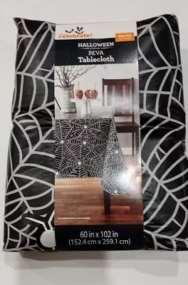 Halloween Spider Web Vinyl Tablecloth 60 X 102 Black White Spooky Spiders NEW • $15