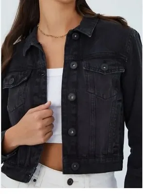 Womens Black Denim Jacket Sz 14 Girlfriend Trucker Casual Solid Button Up • $15.39