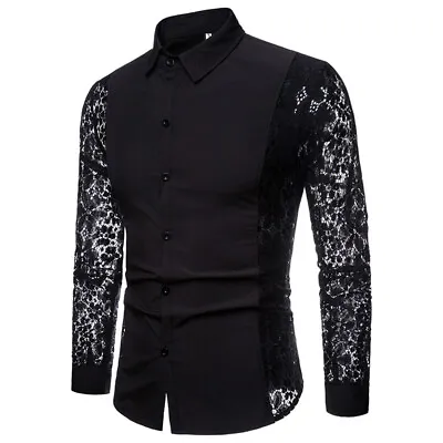 Men's Long Sleeve Lace Casual Shirts Lapel Button T-shirt Blouses Dress Tops New • $26.89