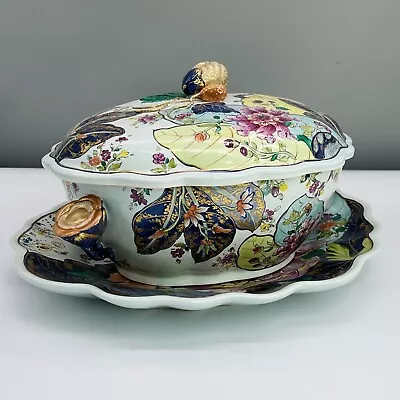Scarce TOBACCO LEAF Mottahedeh OVAL SOUP TUREEN W/ UNDERPLATE Covered Bowl GOLD • $985