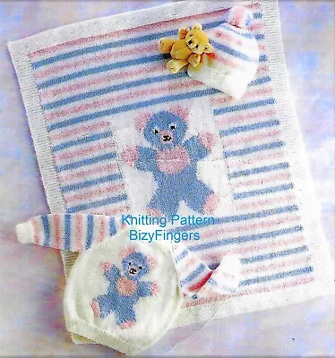 Baby Boy Girl Teddy Bear Motif Sweater Jumper Blanket KNITTING PATTERN DK 17 -23 • £2.15