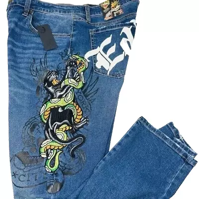Ed Hardy Men's Panther Snake Logo Distressed Slim Taper Jeans 36 NWT • $70