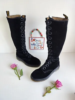 RARE Dr MARTENS Black Velvet Knee High Tall Boots Large Eyelet UK6.5 EU40 US8.5 • £399