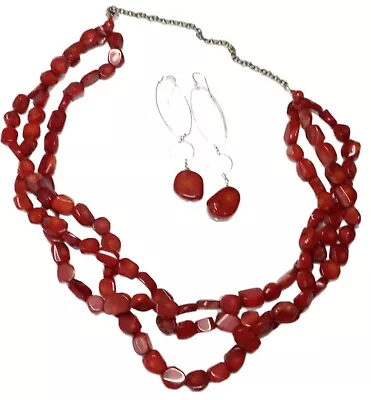 Natural Red Sponge Coral Necklace With Earrings Sterling Vintage Jewelry Set • $41