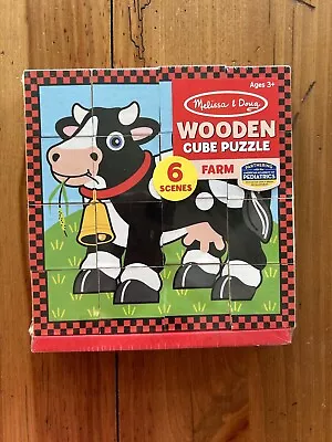 New Melissa & Doug Wooden Cube Puzzle FARM 16 Blocks 6 Scenes Pig Sheep Cow More • $11.99