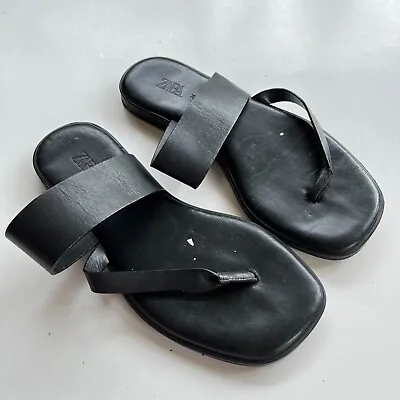 Zara | Black Leather Crossed Strap Thong Sandals Womens Size 36 US Size 6 • $26.82