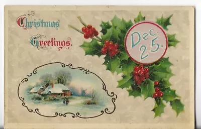 VTG Christmas Postcard-Christmas Greetings Dec. 25 Scene Inset Of House Holly • $2.59