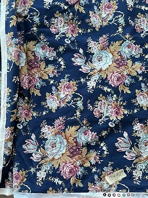 Kaye England Vintage Roses Mandolin Navy Pink Quilt Cotton 1/2 Yd X 42 • $3.65