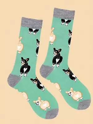 Corgi Dog Pattern Green Crew Socks For Men Fun Socks Funky Socks Novelty Socks • $6.32