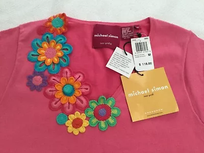 NWT * MICHAEL SIMON * Hand Embroidered Whimsical Bright Flowers * Medium • $36.99