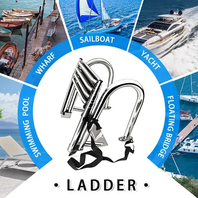 316 Stainless Steel Boat Ladder 4 Steps Telescoping Pontoon Folding Inboard Swim • $156.79