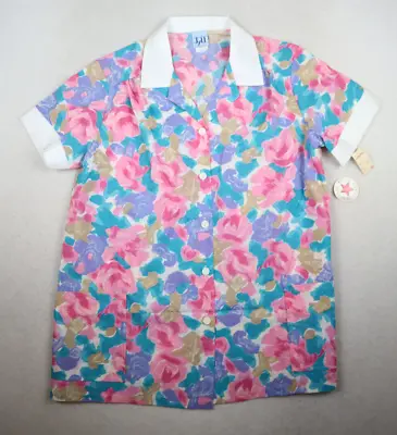 VINTAGE 80s WOMEN'S FLORAL PRINT SHORT SLEEVE SMOCK TOP - JYLL - SIZE M • $7.14