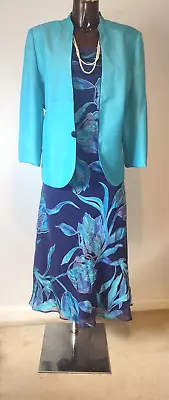 Jacques Vert Teal Navy Burnout Dress/ Jacket Mother Of Bride Suit 16 18 • £64.99