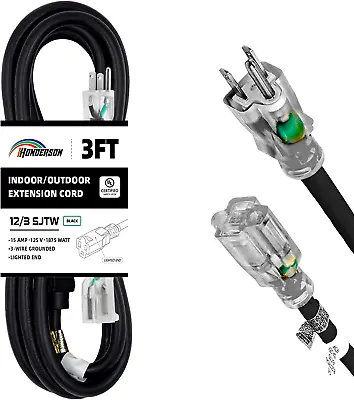 3FT 12/3 Lighted Outdoor Extension Cord 12 Gauge 3 Prong SJTW Heavy Duty Black • $13.50