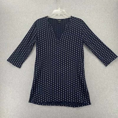 J Crew Top Womens Small Blue Tunic Anchor Nautical 3/4 Sleeves V Neck Blouse • $12.88