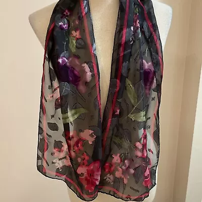 Vintage Women's Floral Scarf  Art To Wear  Multicolor Hand Painted Detail 51X11  • $12.88