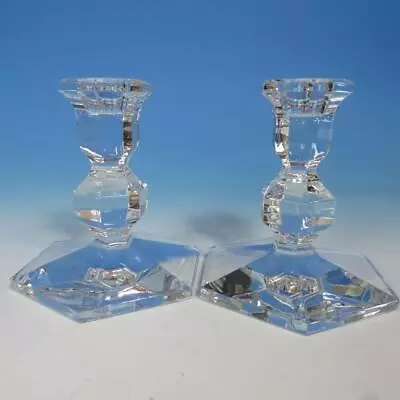 Val St Lambert Crystal - Pair Of Two Arm Gardenia Candlesticks - 4½ Inches High • $40