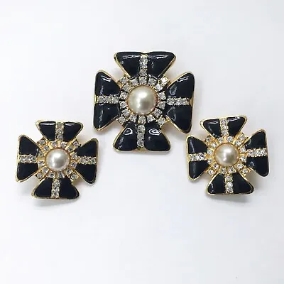 CHANEL - Vintage Pearl Black Enamel Rhinestone Cross Brooch And Clip Earring Set • $850