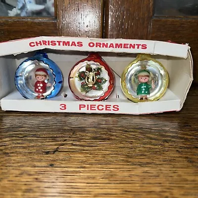 Vtg Jewelbrite Diorama Ornaments In Original Box. Two Feature Elfs One Harp • $19.99