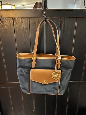 MICHAEL KORS Jet Set Tote Shoulder Bag Black Nylon And Tan Saffiano Leather $148 • $39.99