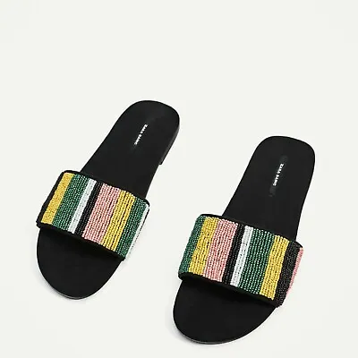 Zara Basic Flat Beaded Slides Size 5 Us • $55.99