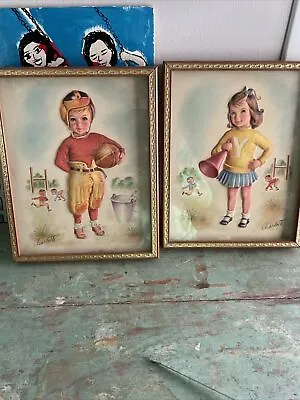 Vintage Pair Of Pictures Wall Decor Charlotte Metalcraft Football Cheerleader  • £33.73