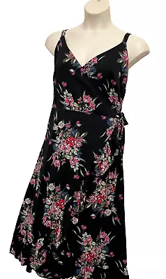 Beme Dress Plus Size 20 Midi Maxi Wrap Side Tie Frill Strappy Black Floral Party • $29.99