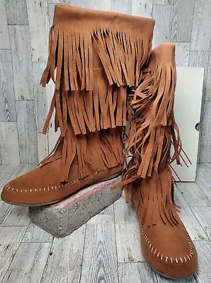 UNIONBAY Dual-U Fringed Faux Leather Moccasin Boots Sz. 8.5 Woman's W/Box • $46.95