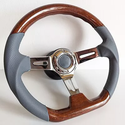 Steering Wheel Used Wood Flat Grey Leather Chrome Fits For W124 W123 R107 80-92' • $196.02