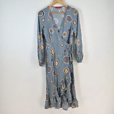 Tigerlily Womens Midi Wrap Dress Size 10 Blue Geometric Long Sleeve 080892 • $49.95