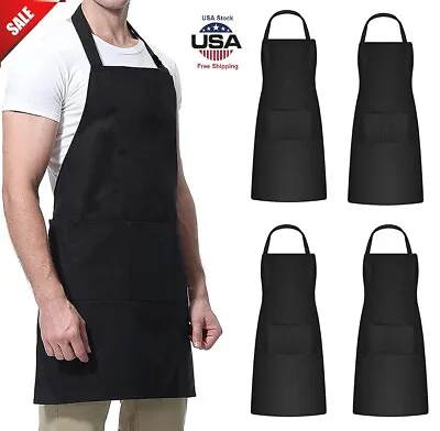 $7.99 • Buy 4 × Waterproof Chef Apron Black Catering Cooking Kitchen Butcher W/ 2 Pocket USA