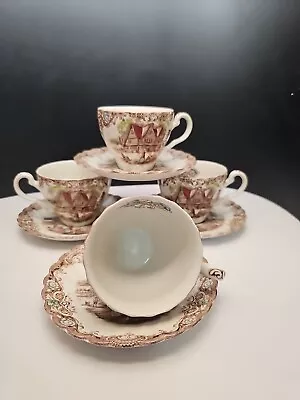 4 Johnson Brothers Heritage Hall Brown Cup & Saucer Sets Colonial Overhang 4411 • $16