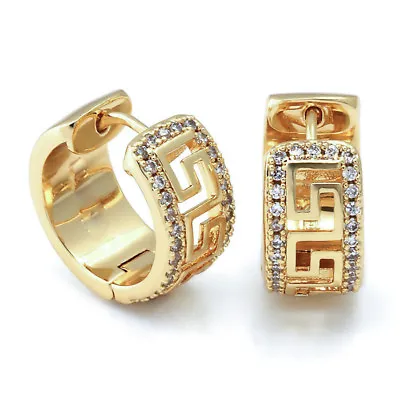 Men's 14K Gold Plated Hip Hop Sterling Silver Greek Key Iced Hoop Earrings • $299.99