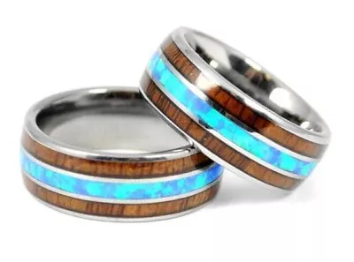 8mm Men's Tungsten Blue Opal Hawaiian Koa Wood Double Wedding Band Ring Comfort • $32.99