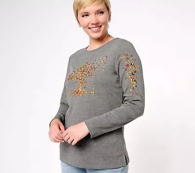 Quacker Factory Women's Top Sz M Fall Breeze Embroidered Gray A518868 • $19.47