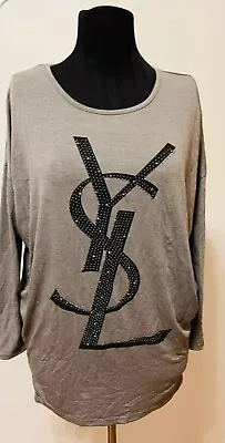 Vintage Yves Saint Lauren  YSL Big Logo Grey Rhinestone Long Sleeve T-shirt • $175