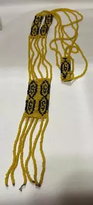 Vintage Hand Beaded Native American Tassel Necklace Yellow Black Seed Beads • £22.18
