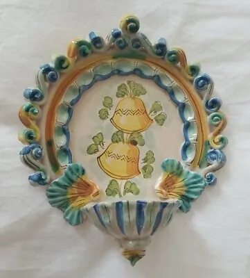 Holy Water Font Ceramic Church Bells Majolica ? Italy ? Unmarked 7x8 • $39