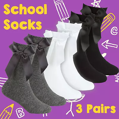 £4.79 • Buy 3 Pairs Girls Stocking Socks With Bows School Mid Calf Crew Black White Everyday