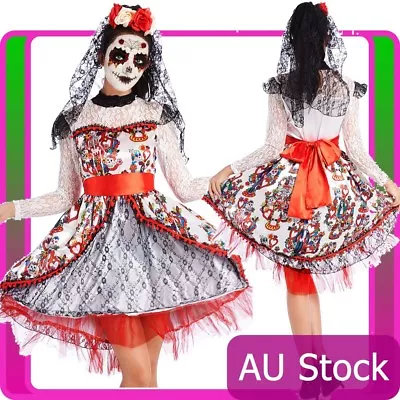Womens Day Of The Dead Costume Senorita Halloween Skull Mexican Fancy Dress • $36.26