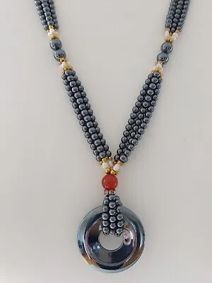 Vintage Haematite & Pearl Doughnut Pendant Beaded Multistrand Necklace. • £22